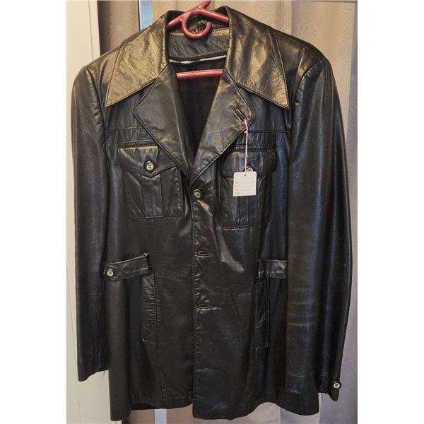 Black Leather Button-Front Jacket with Flap Pockets