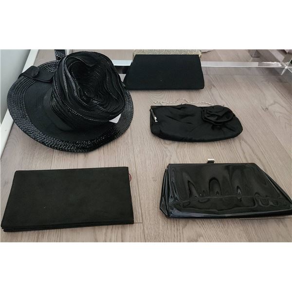 Black Sequin Trimmed Ellen Faith Hat and Assorted Black Evening Bags, Some Vintage