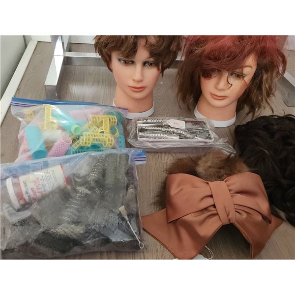 2 Dannyco Mannequin Heads, Wig, Curlers, Hair Clips and Vintage Satin Bow Headpiece