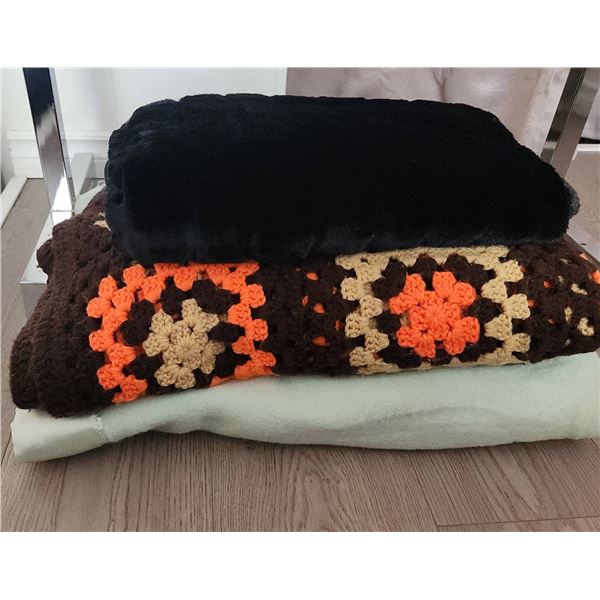 3 Blankets: Kanata Home Collection Faux Fur Throw, Crocheted Granny Square, Esmond Green Throw