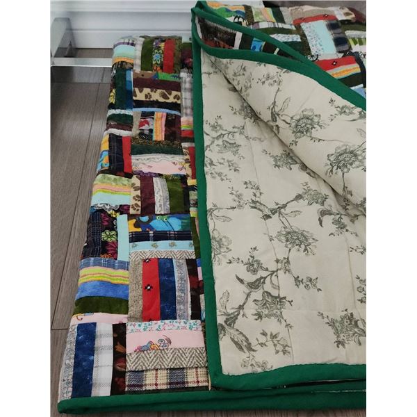 Colourful Patchwork Quilt with Green Border and Floral Reverse Backing