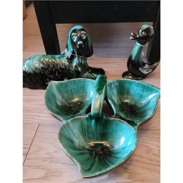 Green Glazed Ceramic Dog Figurine, Duck Figurine, and Triple Section Dish Trio