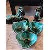 Image 1 : Green Glazed Ceramic Dog Figurine, Duck Figurine, and Triple Section Dish Trio