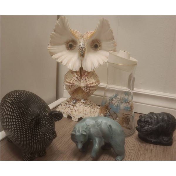 4 Animal Figurines and 1 Glass Carafe with Pinecone Design