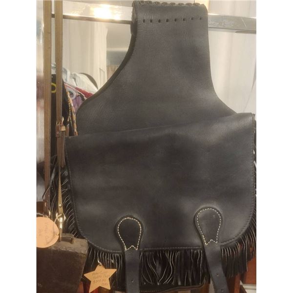 Black Leather Double Saddle Bag with Fringe and Western Styling