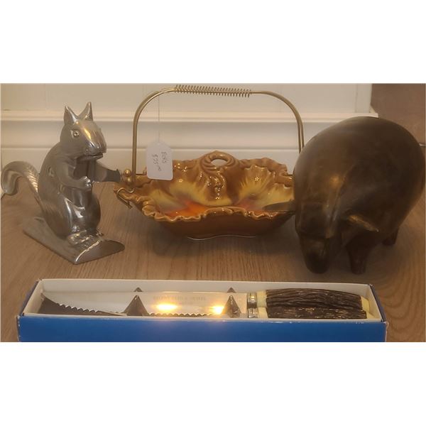 Decorative Lot: Brass Pig, Squirrel Nutcracker, Sabre Basket, Steak Set