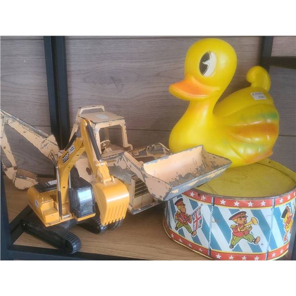 Two Toy Construction Vehicles, Yellow Rubber Duck, and Toy Drum Lot