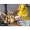 Image 1 : Two Toy Construction Vehicles, Yellow Rubber Duck, and Toy Drum Lot