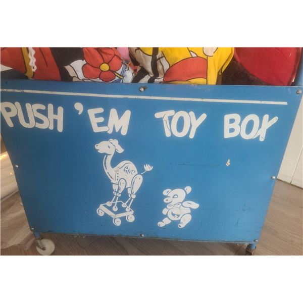 Blue Metal Push 'Em Toy Box With Assorted Plush Toys