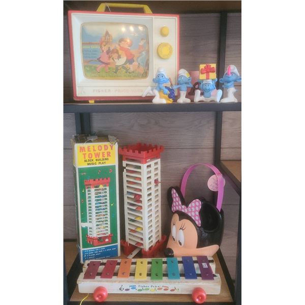 Fisher Price Toys TV, Xylophone, Smurfs Figures, Melody Tower, Minnie Mouse Bucket Lot