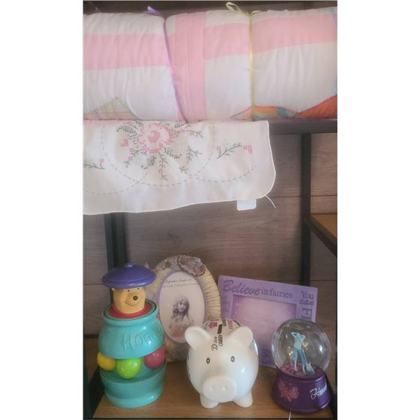 Children's Decor Lot With Quilt, Piggy Bank, Winnie Pooh Toy, Frames