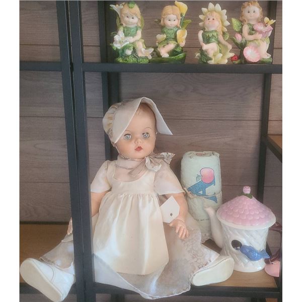 Baby Doll, Ceramic Teapot, Alphabet Quilt, and Four Fairy Figurines