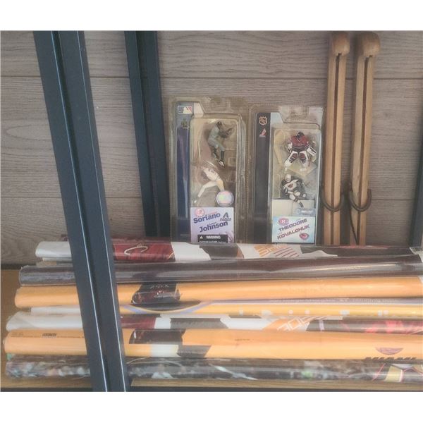 McFarlane Sports Figures, Wooden Ice Skate Clamp, and Sports Posters