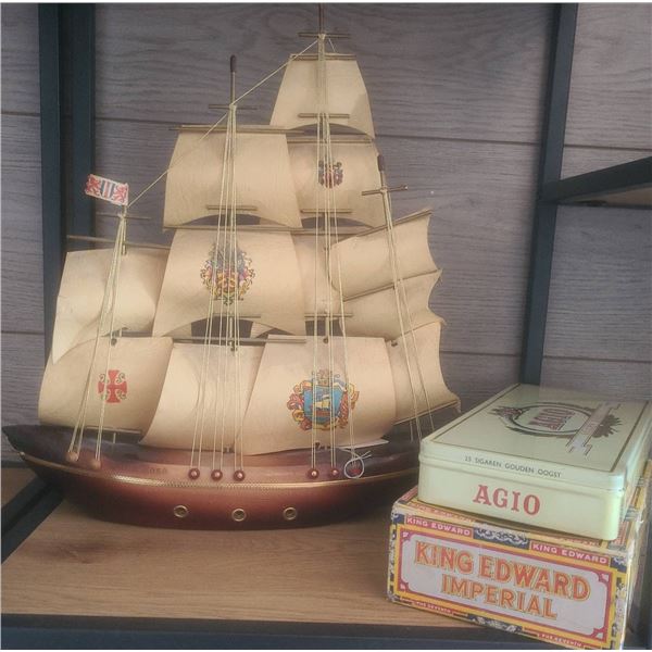 Wooden Model Ship with Agio and King Edward Imperial Cigar Tins
