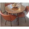 Image 1 : Dining Set: Round Wood Table, 3 Orange Vinyl Chairs
