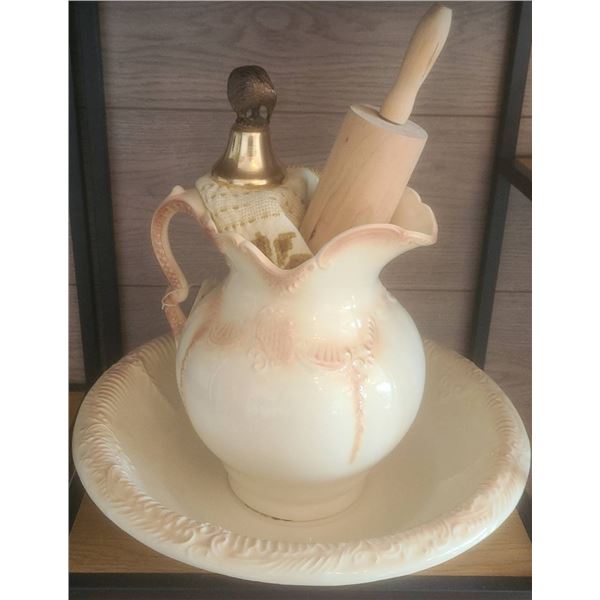 Arnels Ceramic Pitcher & Basin Set with Bell, Rolling Pin, and Embroidered Towel
