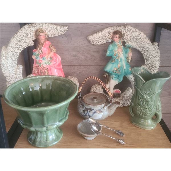 Ceramic Decor: Figurines, Green Vases, Teapot, Spoons