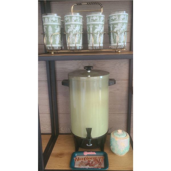 West Bend Percolator With Stand, Glass Set, Vintage Jar, Cassettes