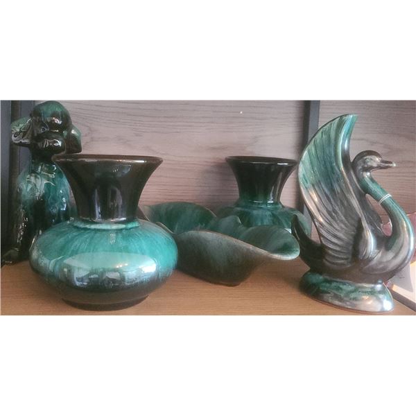 B.M.C. Canada Green Glazed Pottery Collection: Swan, Dog, Vase, Bowl