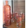Image 1 : Amber Embossed Glass Decanter with 4 Chrysanthemum-Patterned Glasses