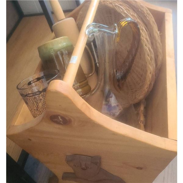Household Lot: Wooden Carrier with Dog Motifs