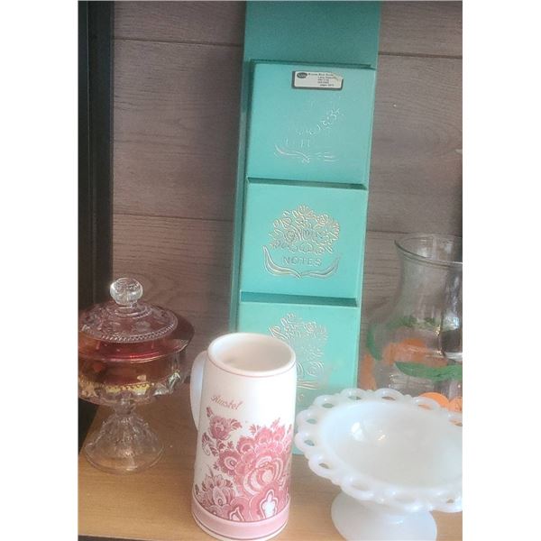 Decorative Household Items Including Glassware and Wall Organizer