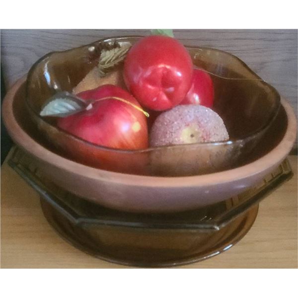 Baribocraft Wooden Bowl and Amber Glass Bowls/Plate