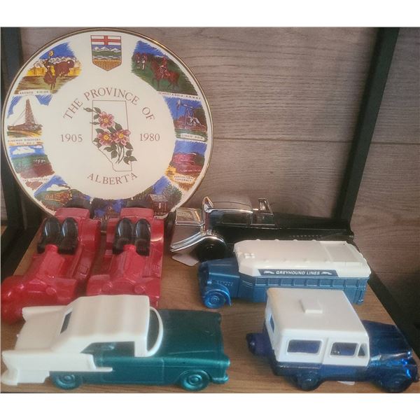 Alberta 75th Anniversary Plate and 6 Avon Car Cologne Bottles