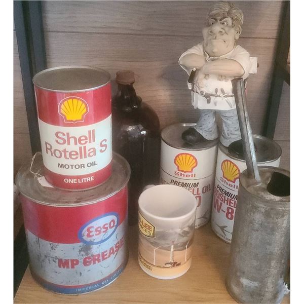 Full Shell and Esso Vintage Oil Cans Plus Accessories