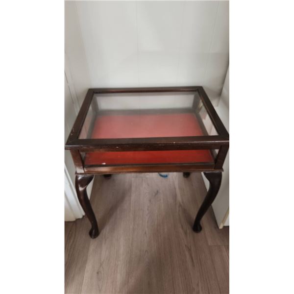 Wood Display Table with Glass Top and Red Lined Interior, 21" W x 16" D x 24" T
