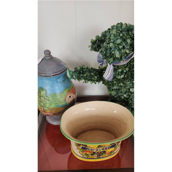 Ceramic Country Motif Jar Lamp, Planter and Faux Plant Dog Topiary