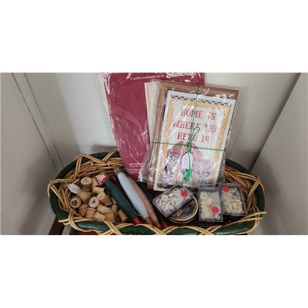 Basket 23 x 12 With Vintage: Wooden Spools, Yarn, Buttons, Needlepoint and Kit