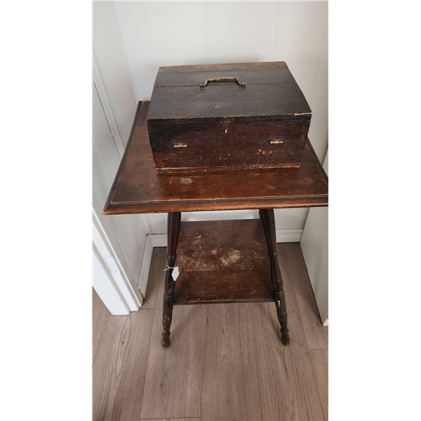 Wood Desk Box with Brass Handle and Hinges on Vintage Two-Tier Wood Table