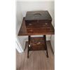 Image 1 : Wood Desk Box with Brass Handle and Hinges on Vintage Two-Tier Wood Table