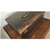 Image 4 : Wood Desk Box with Brass Handle and Hinges on Vintage Two-Tier Wood Table