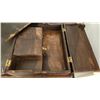 Image 6 : Wood Desk Box with Brass Handle and Hinges on Vintage Two-Tier Wood Table