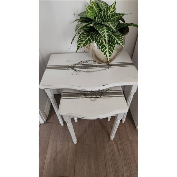 Painted Wood Nesting Tables with French Script Detail and Artificial Plant in Metal Planter