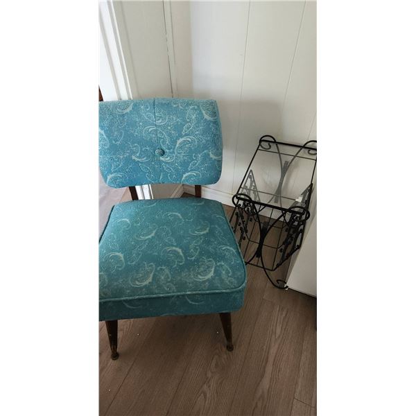 Upholstered Side Chair and Wrought Iron Magazine Rack with Plexi Glass Top