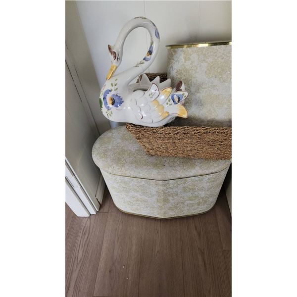 Painted Ceramic Swan, Seagrass Basket, Vintage Laundry Hamper and Wastebasket