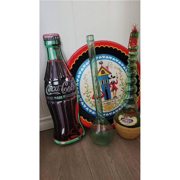 Decorative Items Including 19.5" Tray, Coca-Cola Wall Decor, Vintage Italian Glass Bottles