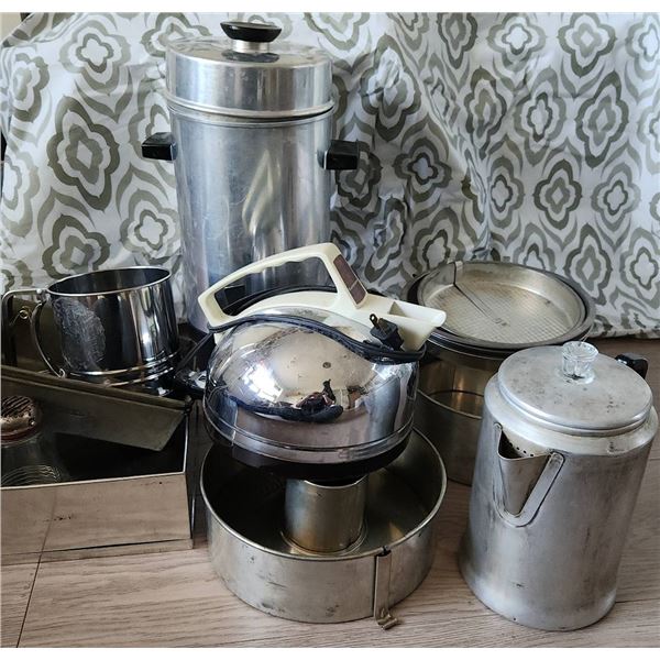 Kitchen Lot: Coffee Urn, Percolator, Kenmore Kettle, Nut Grinder, Bakeware