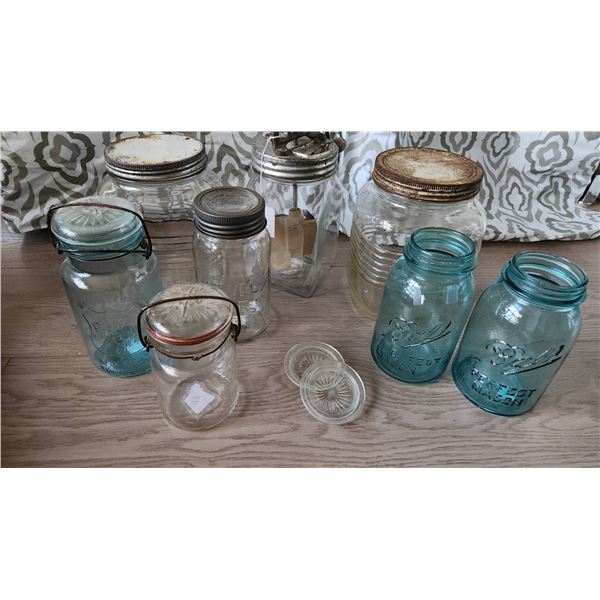 Glass Canning Jars with Ball, Jewel, and Dazey Butter Churn