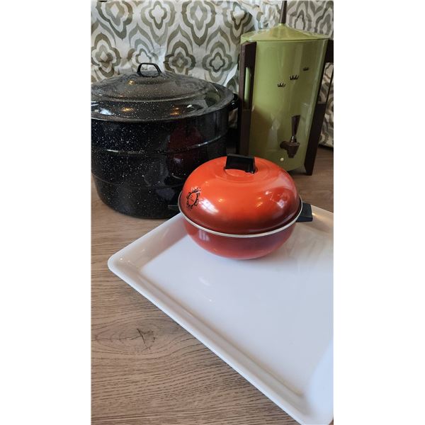 Canning Pot, Two Melamine Trays, and Regal Electric Coffee Urn with Accessories