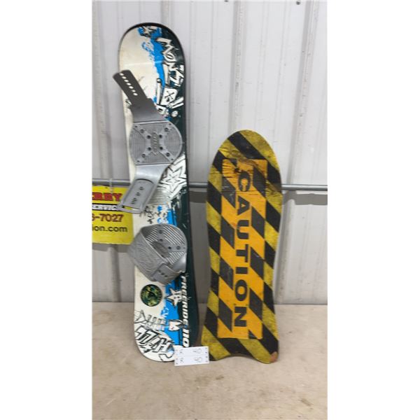 Freeride 110 Snowboard with Bindings and “Caution" Rawlings Skateboard
