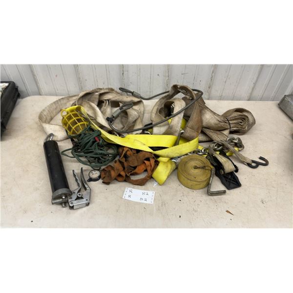 Grease Gun, Work Light, Ratchet Straps, Tie-Down Straps