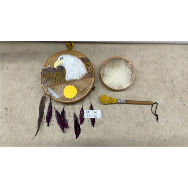 Vintage First Nations Hand Painted, Feathered, Raw Hide Ceremonial Drum and Mallet 12” Diameter