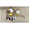 Image 1 : Vintage First Nations Hand Painted, Feathered, Raw Hide Ceremonial Drum and Mallet 12” Diameter
