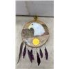Image 7 : Vintage First Nations Hand Painted, Feathered, Raw Hide Ceremonial Drum and Mallet 12” Diameter