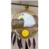 Image 9 : Vintage First Nations Hand Painted, Feathered, Raw Hide Ceremonial Drum and Mallet 12” Diameter