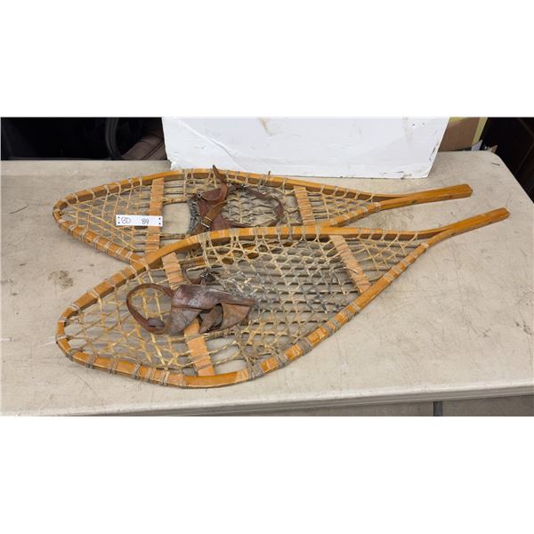 Vintage Canadian Huron Style Wood and Woven Rawhide Netting Snowshoes, 43” In Length